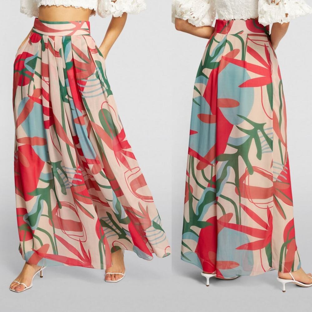 NEW PatBo Rio Wide Leg Trousers Floral High Rise Pleated Chiffon Pant